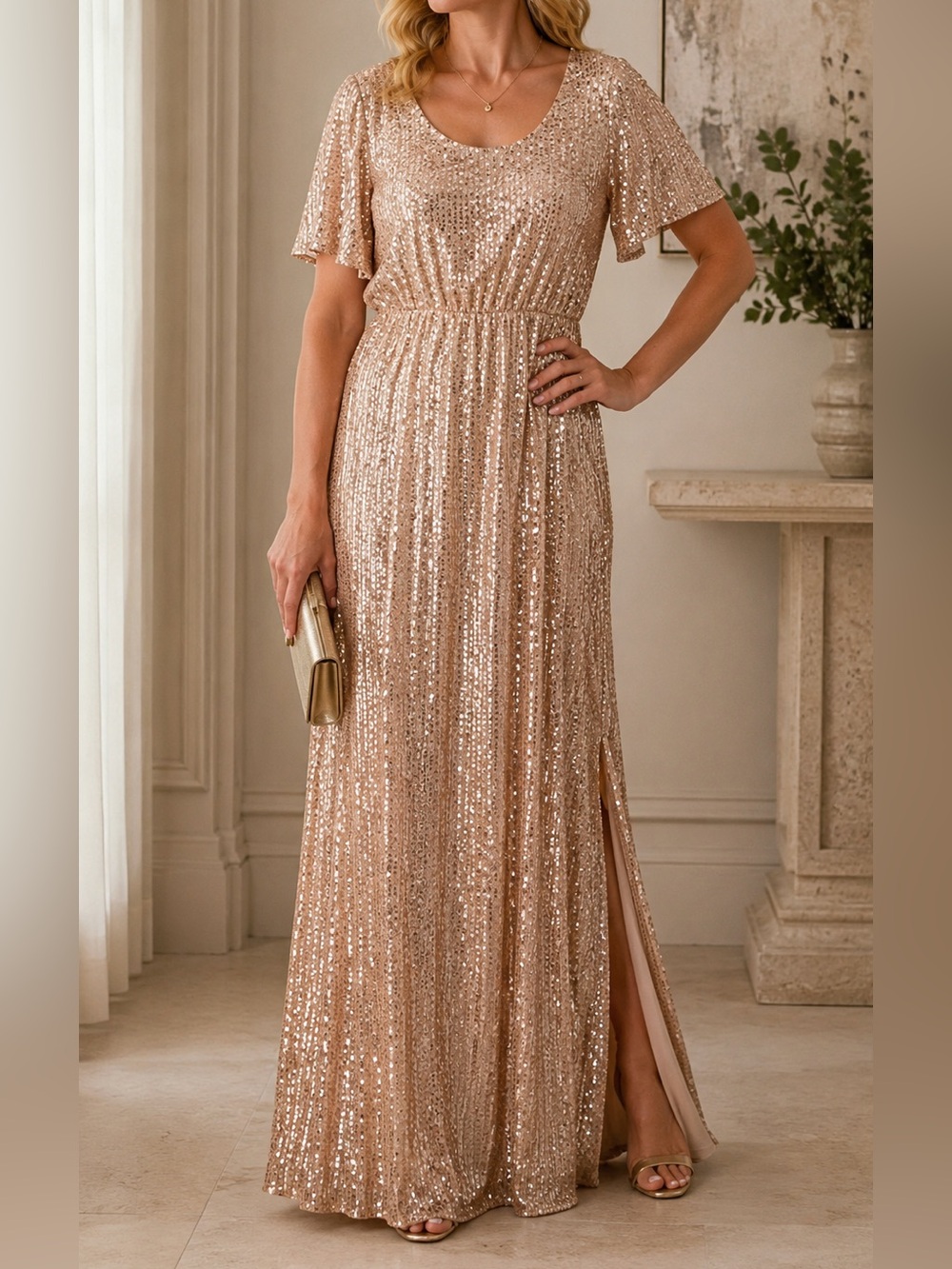 Baltic Born Sequin Maxi Dress Women XL Rose Gold Flutter Sleeve Formal Gown